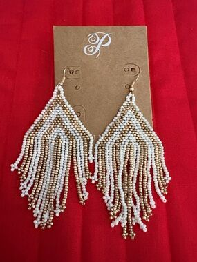 Plunder White & Gold Beaded Fringe Triangle Earrings $25